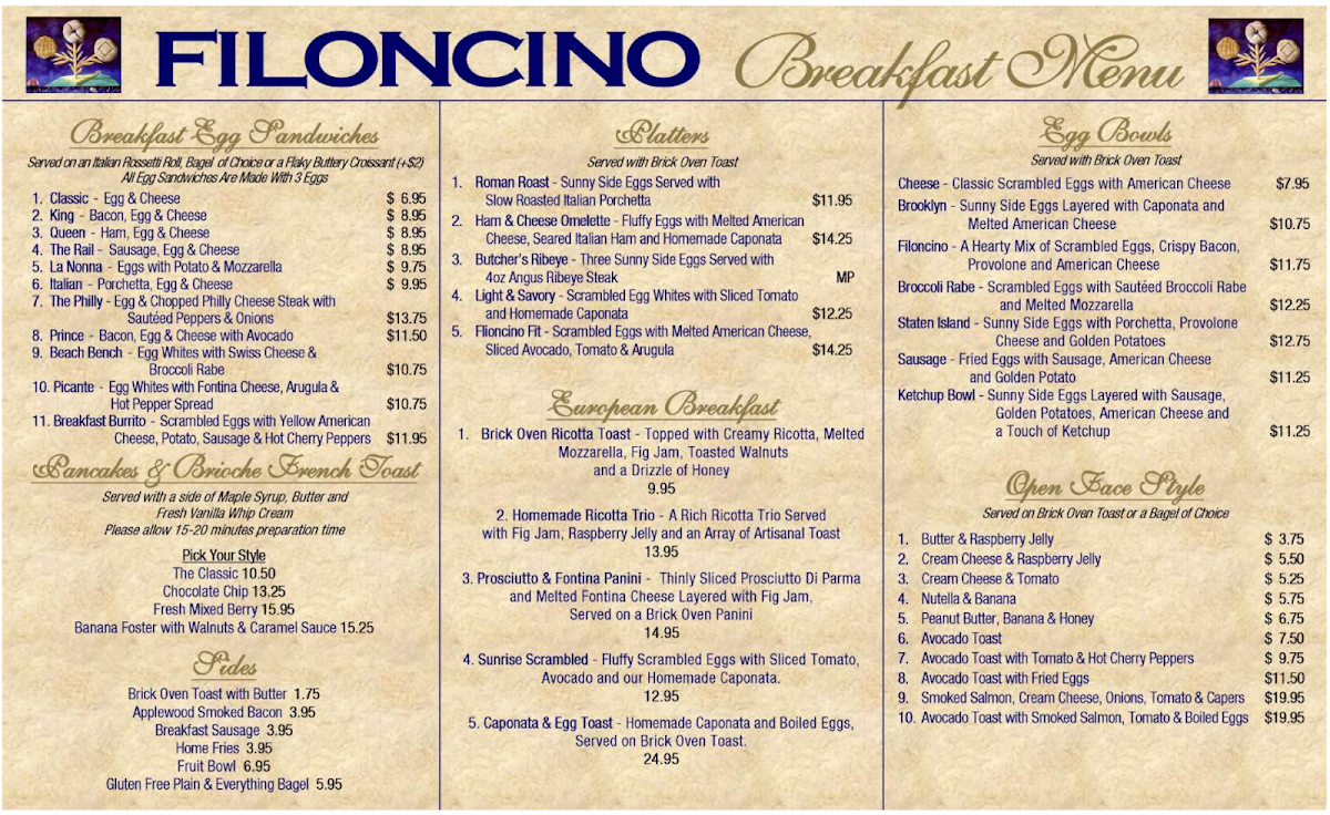 Filoncino Bakery Cafe menu board