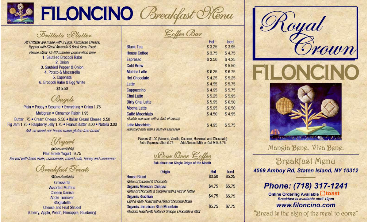 Filoncino Bakery Cafe menu board