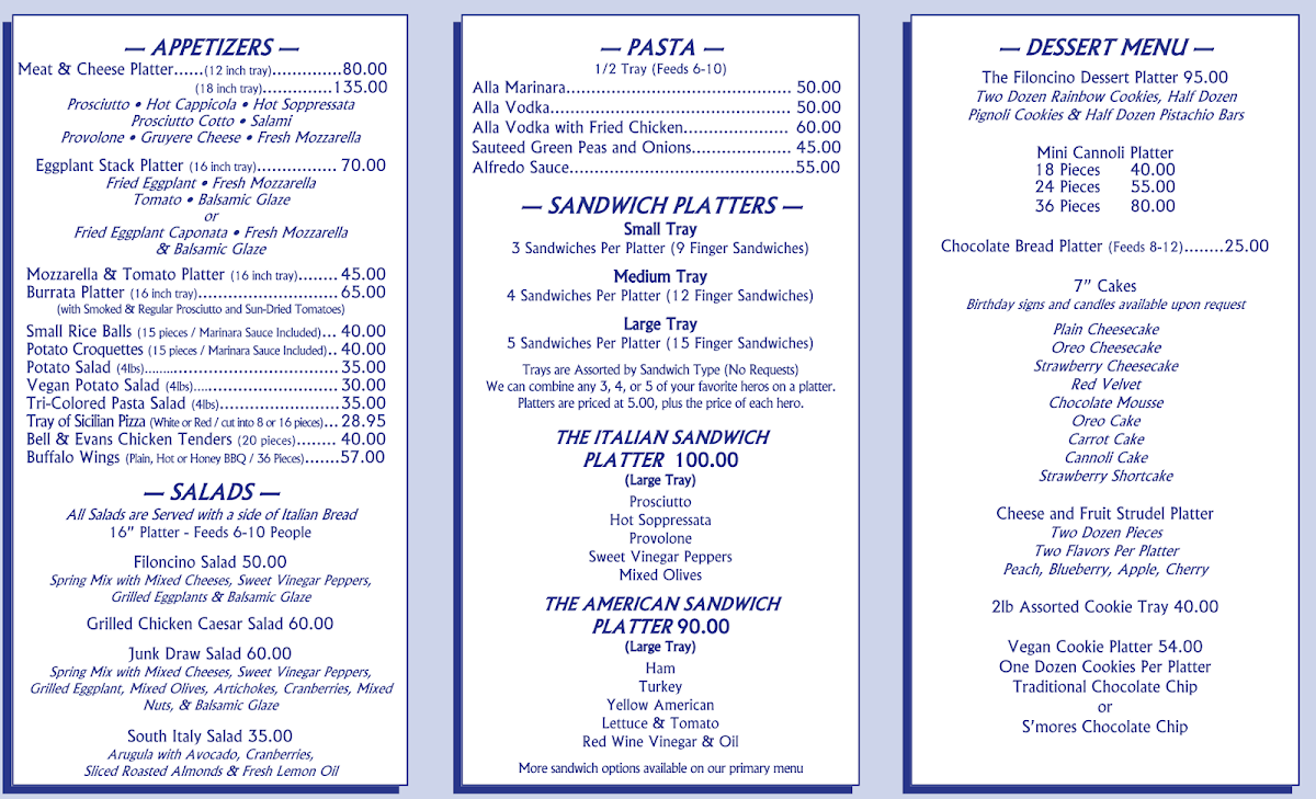 Filoncino Bakery Cafe menu board