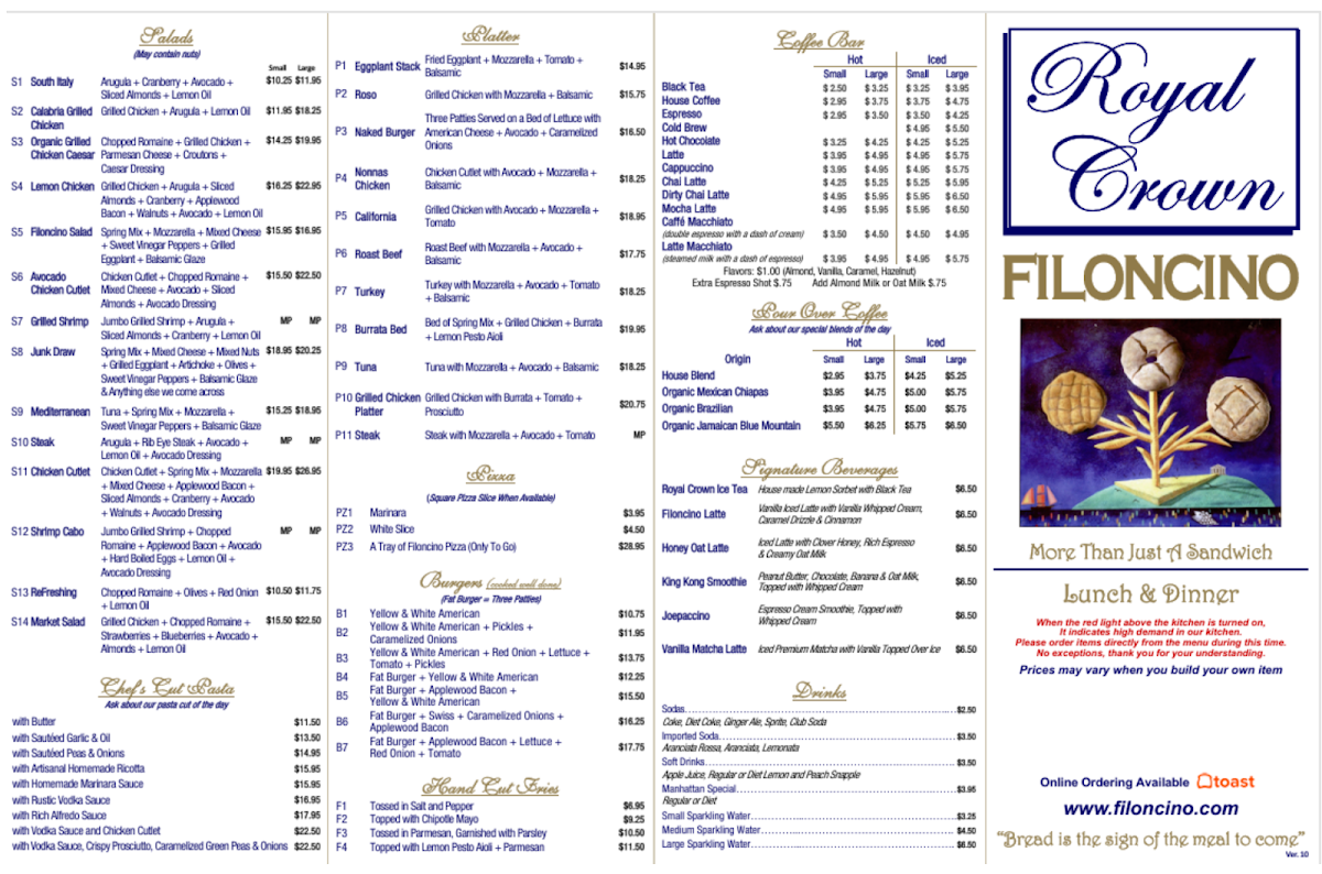 Filoncino Bakery Cafe menu board