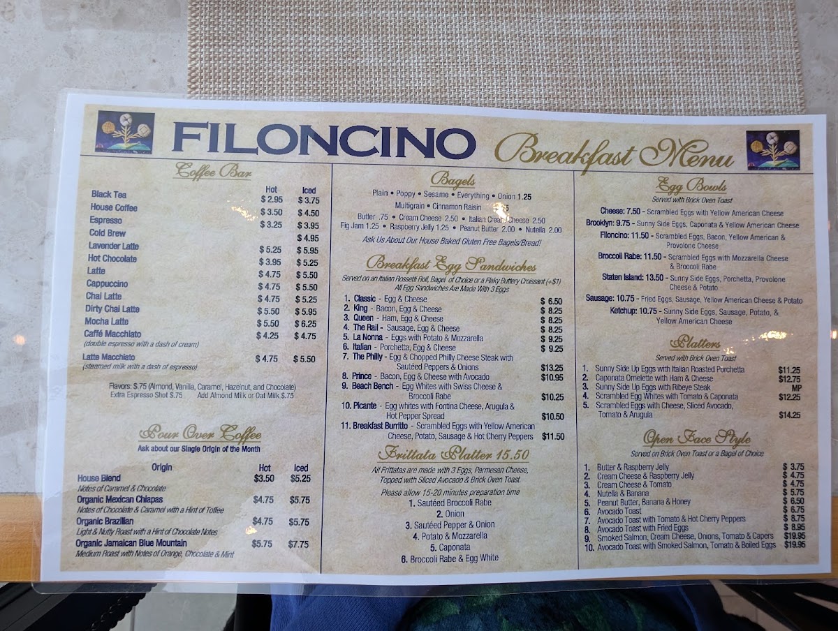 Filoncino Bakery Cafe menu board