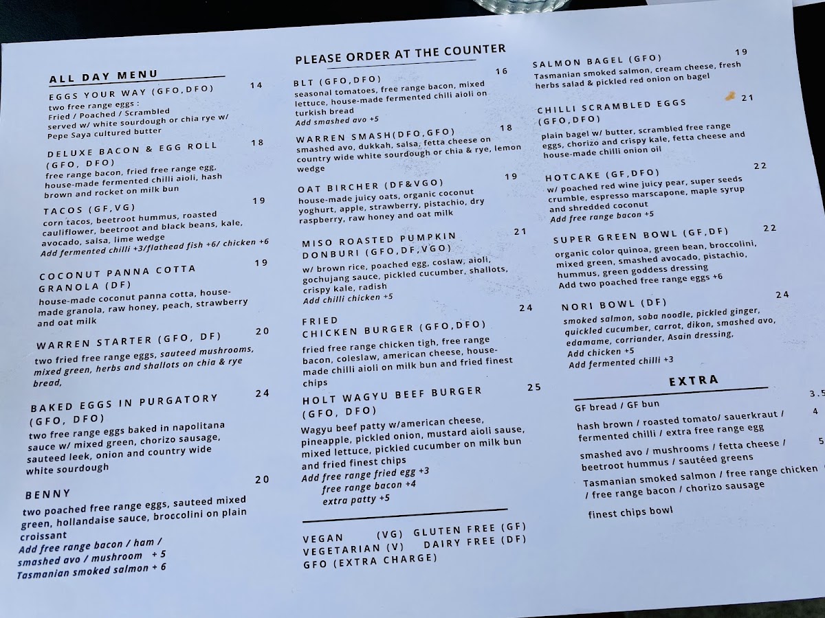 Warren & Holt Wholefoods Eatery menu board