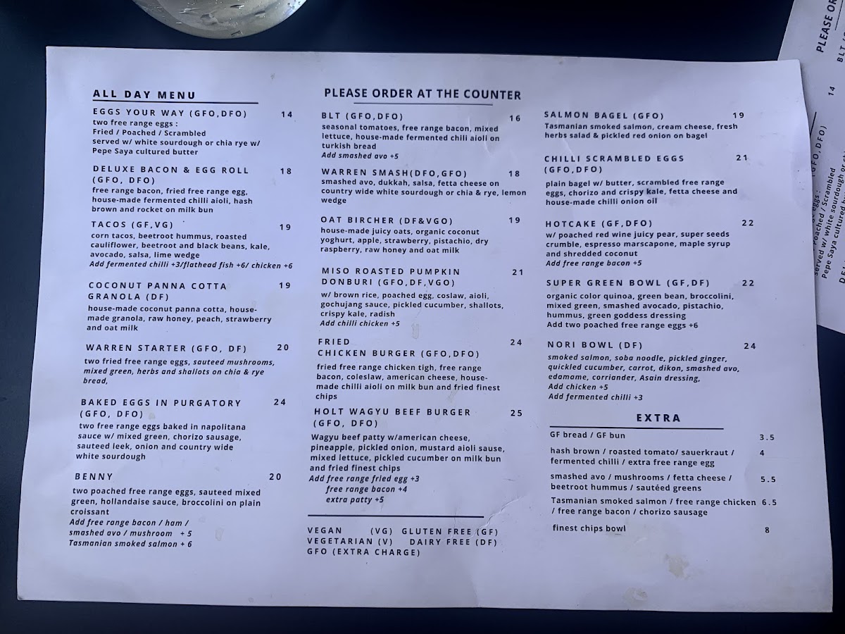 Warren & Holt Wholefoods Eatery menu board