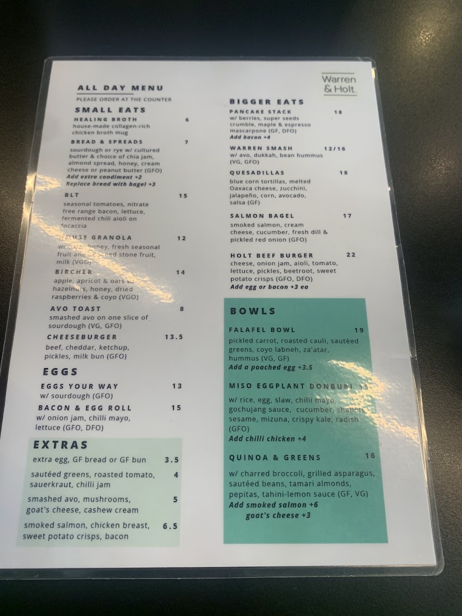 Warren & Holt Wholefoods Eatery menu board