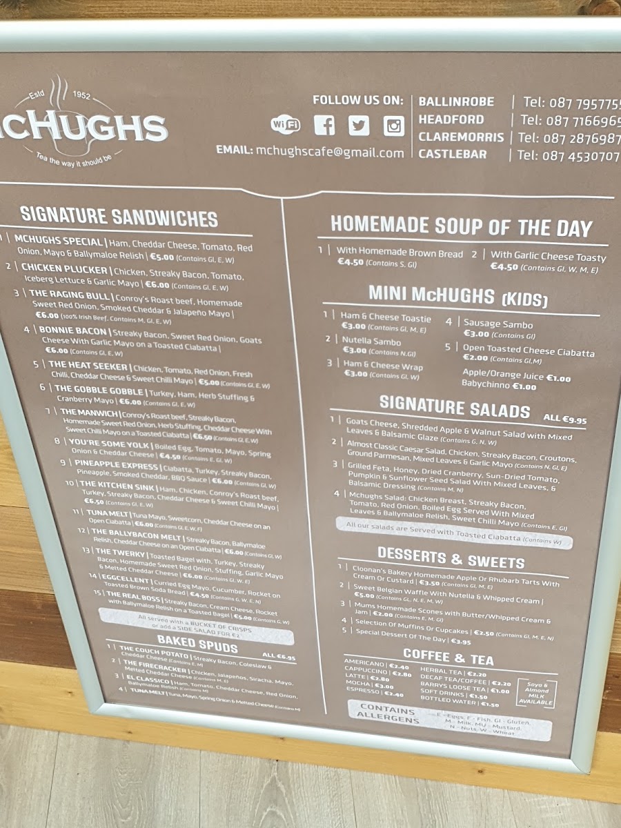 McHugh's Cafe menu board