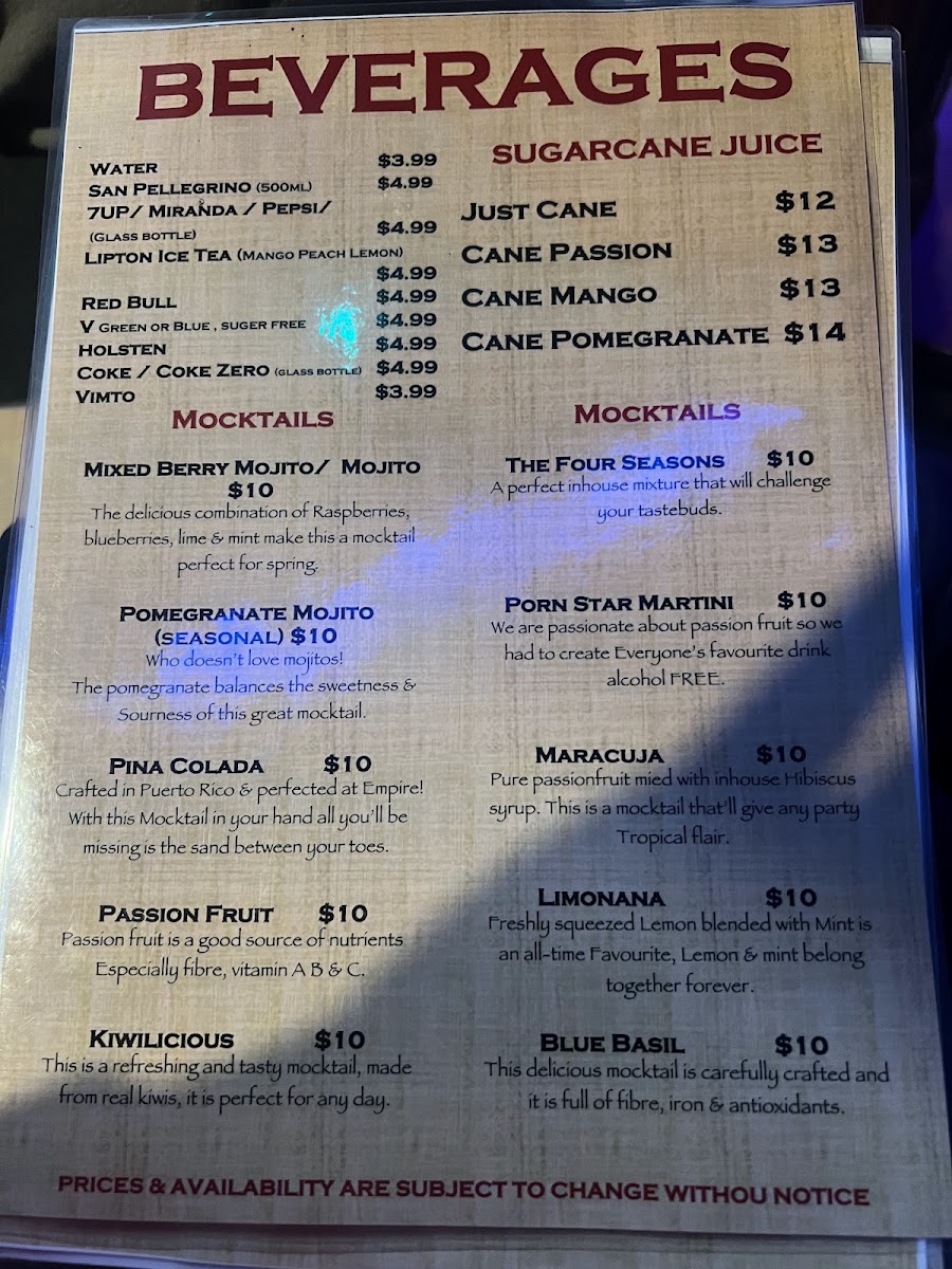 Empire Shisha Bar menu board