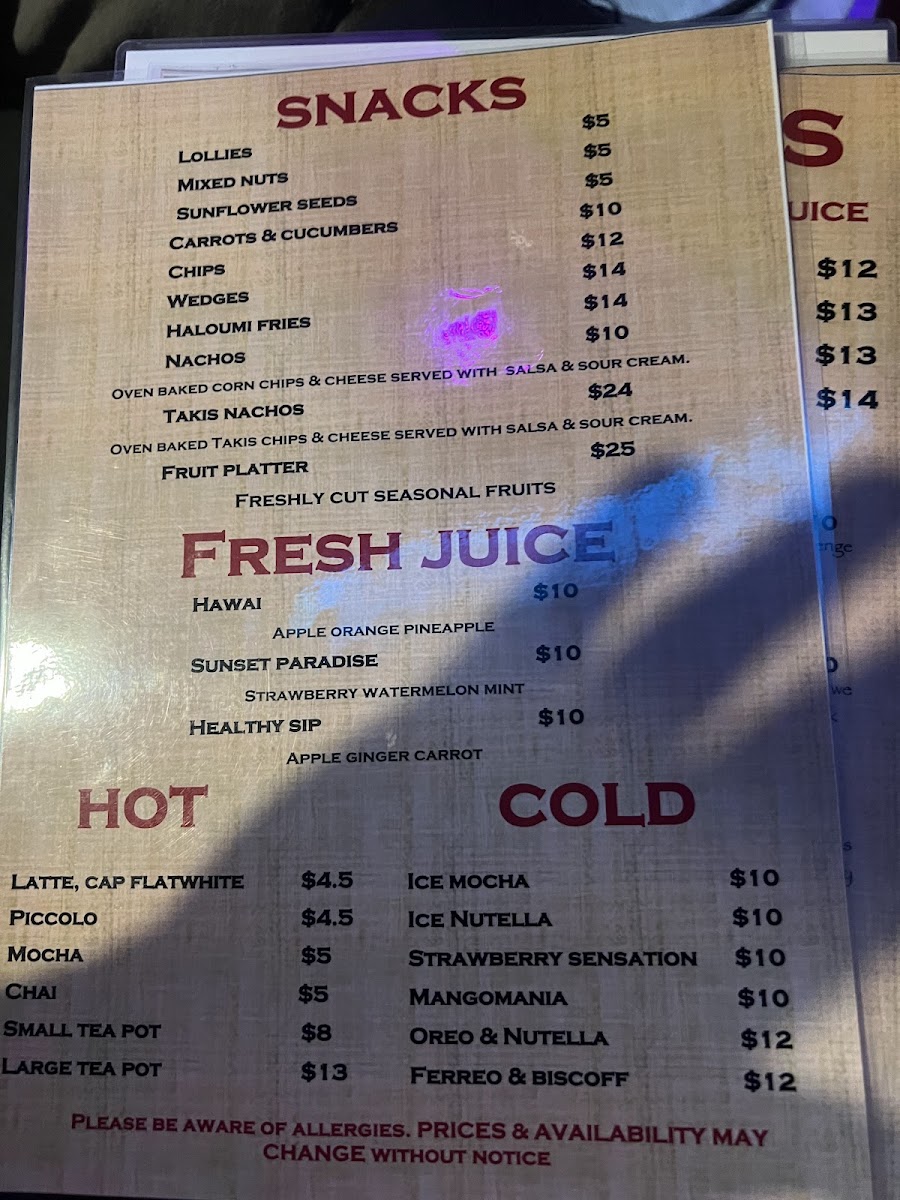 Empire Shisha Bar menu board