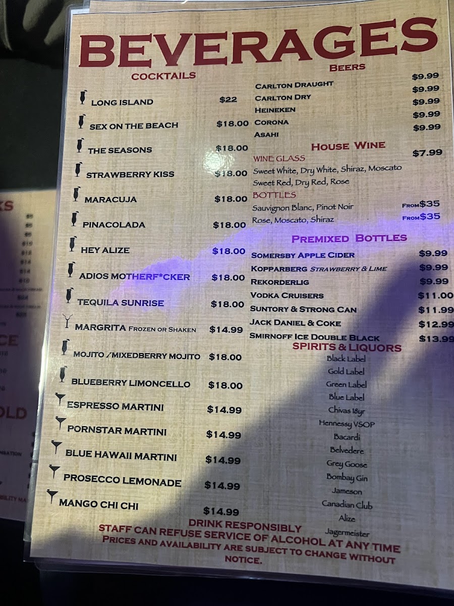 Empire Shisha Bar menu board
