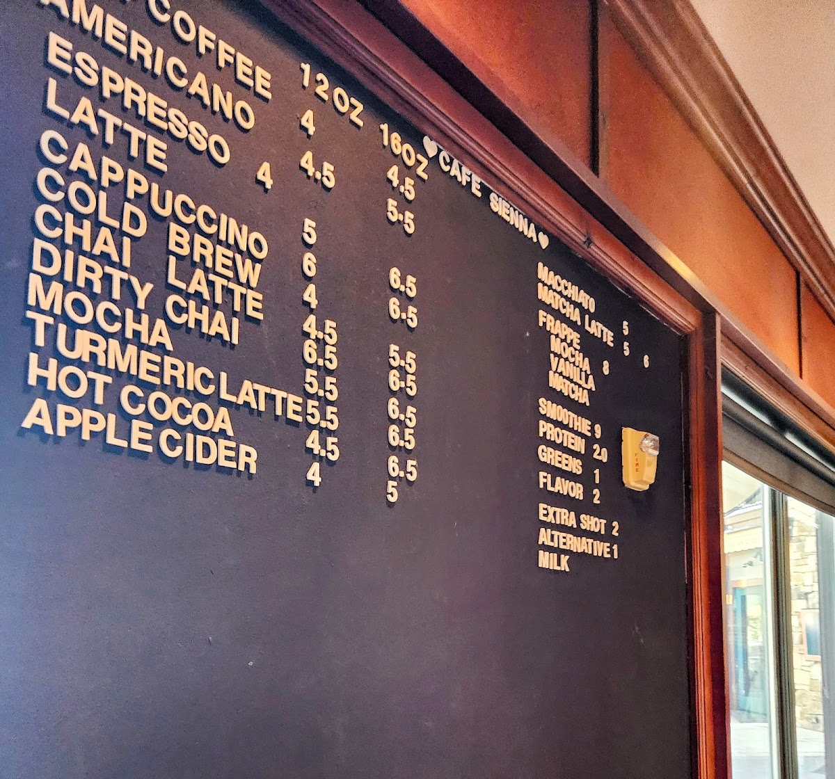 Caffe Siena menu board