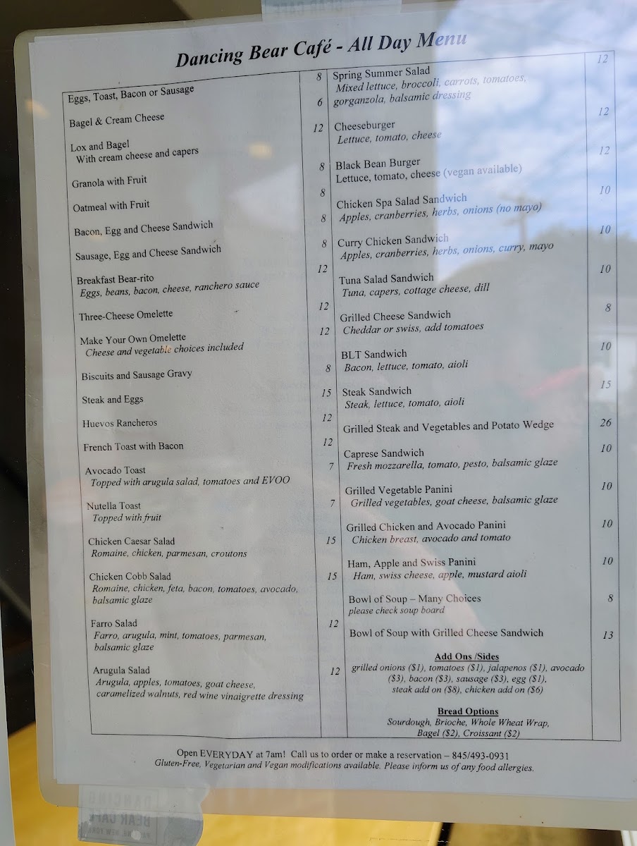 Dancing Bear Cafe menu board