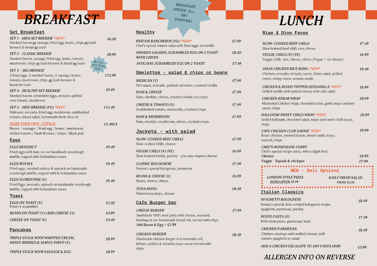 Rise and Dine Cafe menu board