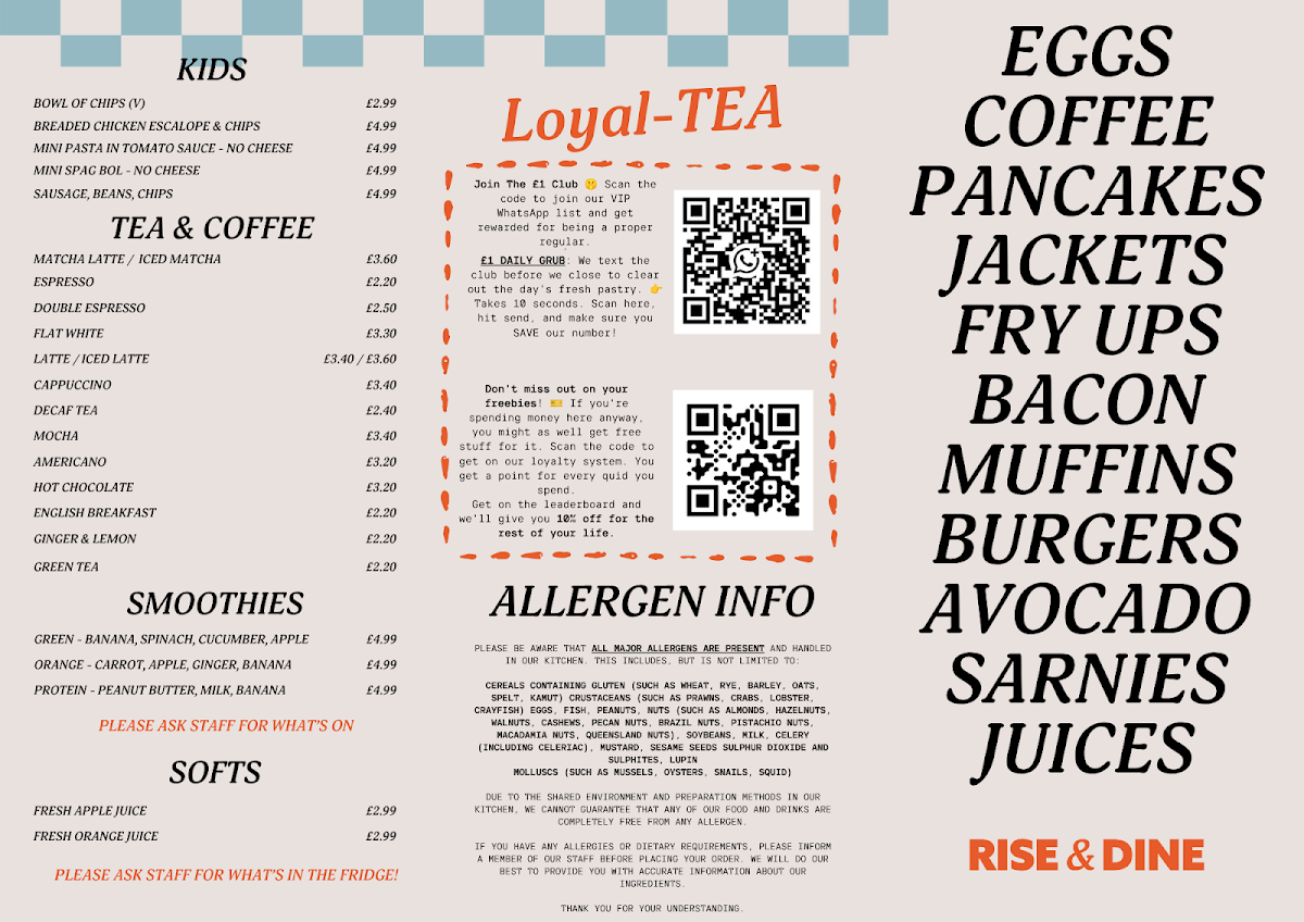 Rise and Dine Cafe menu board