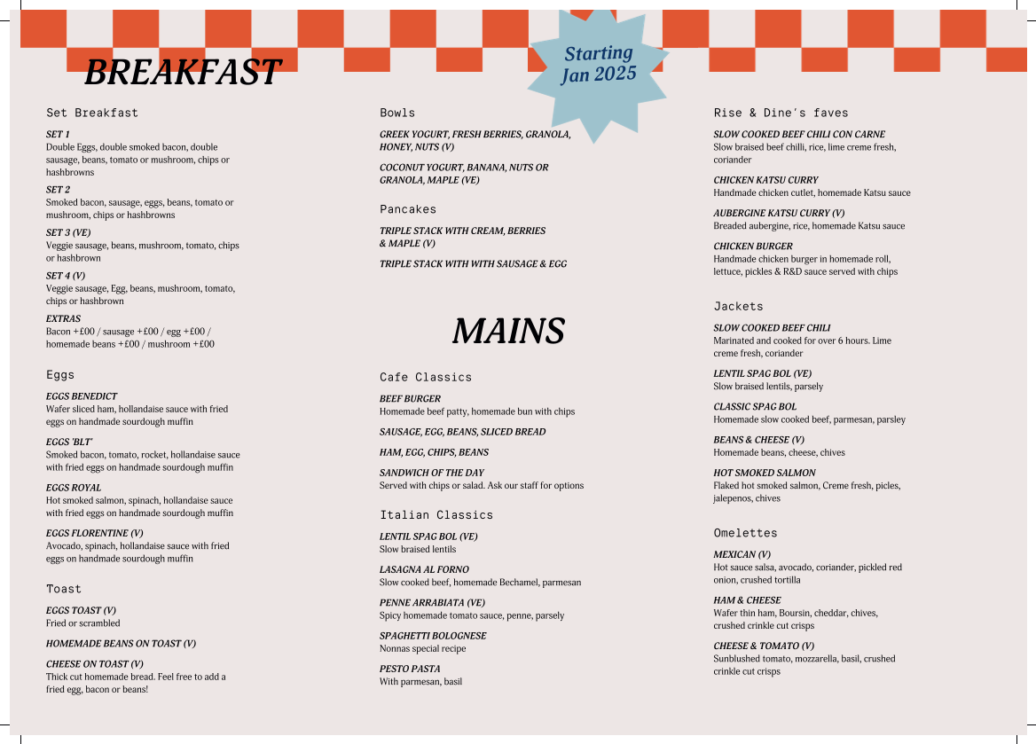 Rise and Dine Cafe menu board