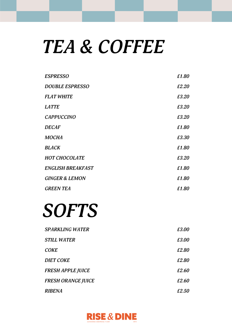 Rise and Dine Cafe menu board