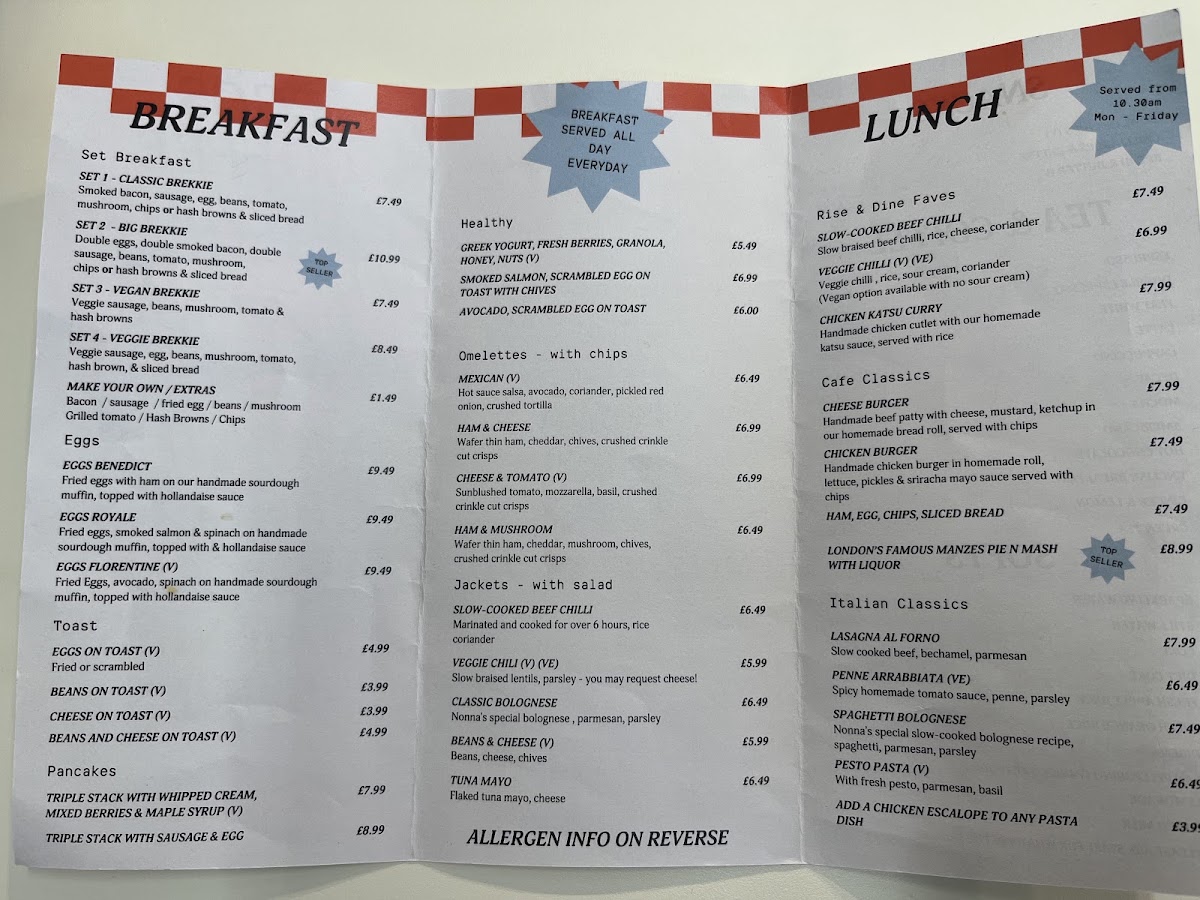 Rise and Dine Cafe menu board