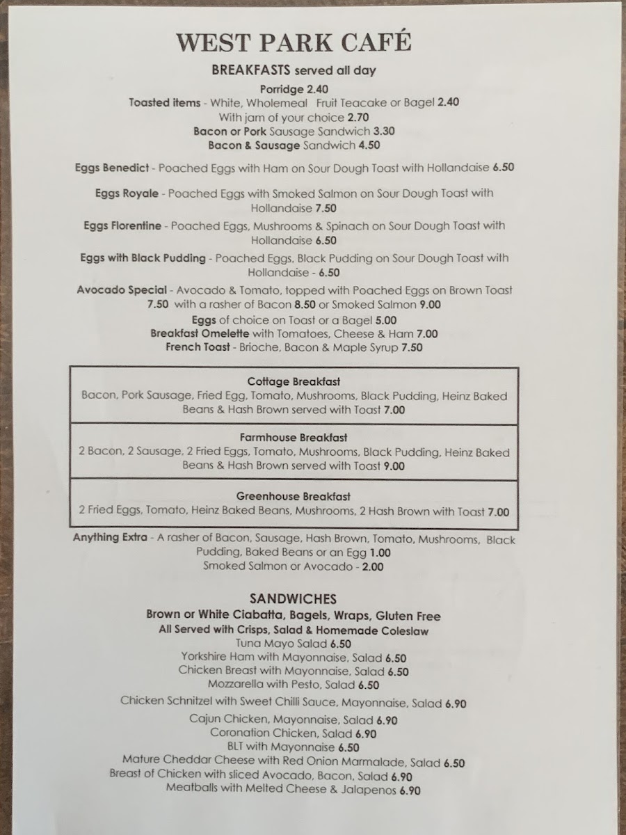 West Park Cafe menu board