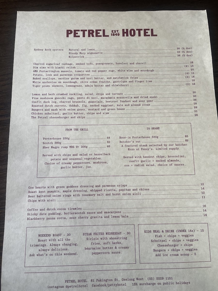 Petrel Hotel menu board
