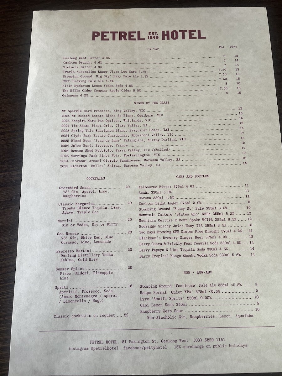 Petrel Hotel menu board