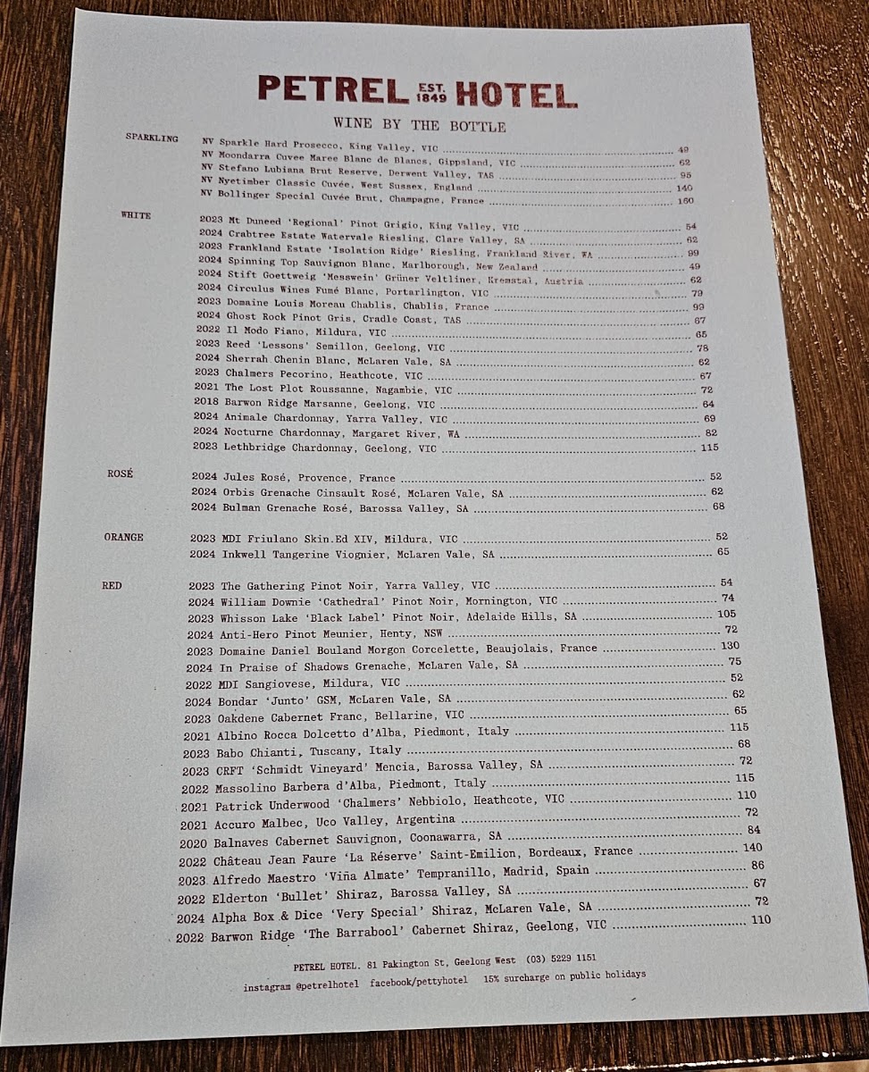 Petrel Hotel menu board