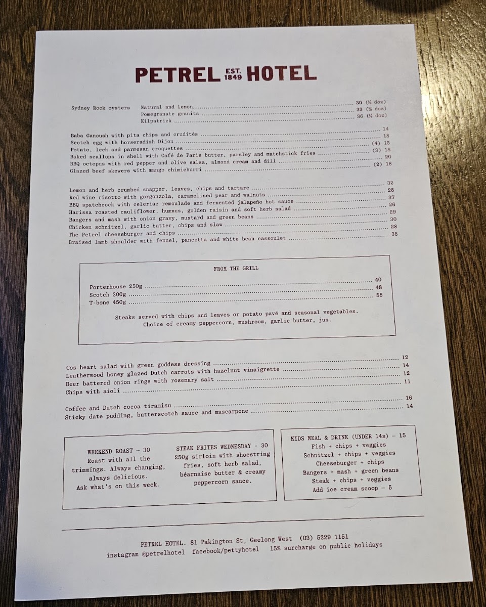 Petrel Hotel menu board