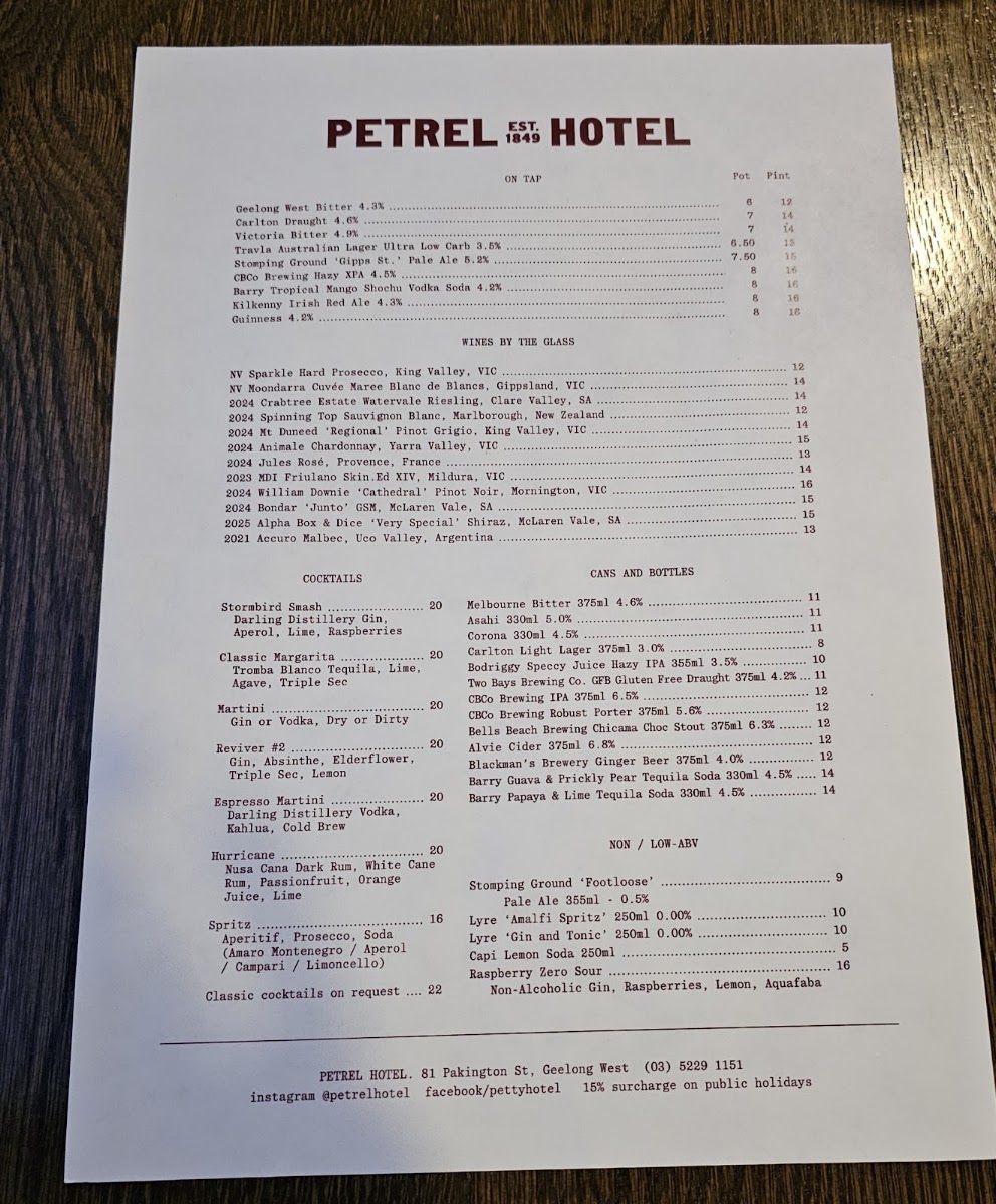 Petrel Hotel menu board