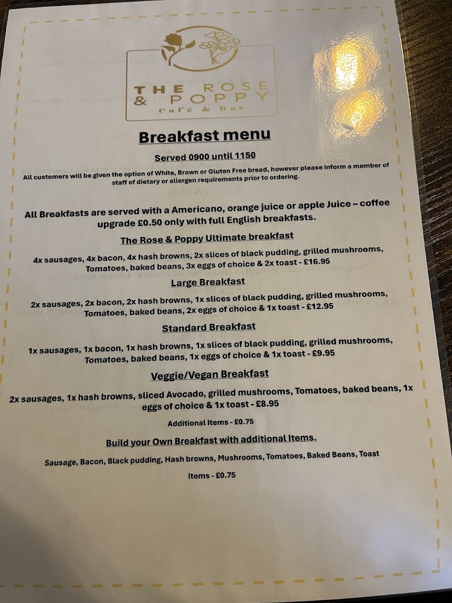 The Rose and Poppy menu board