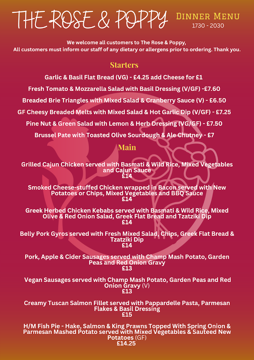 The Rose and Poppy menu board