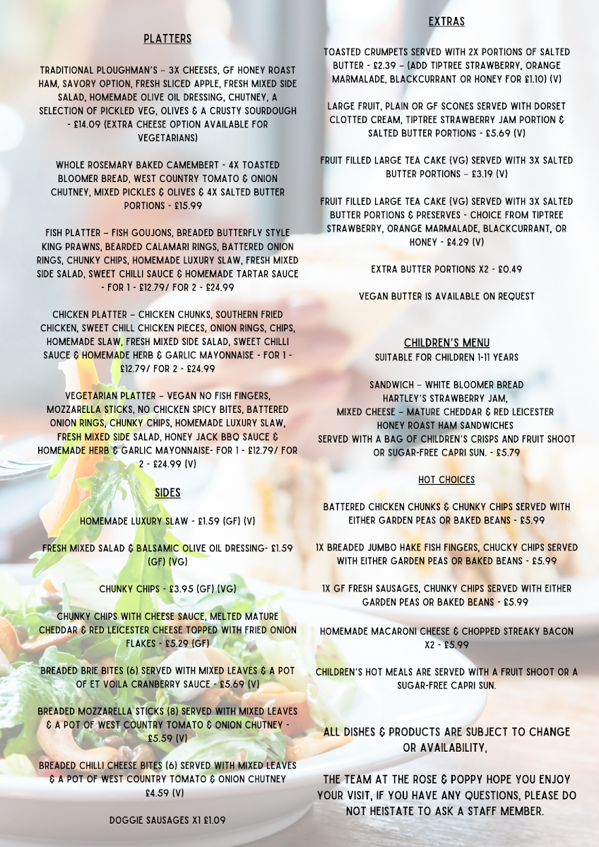 The Rose and Poppy menu board