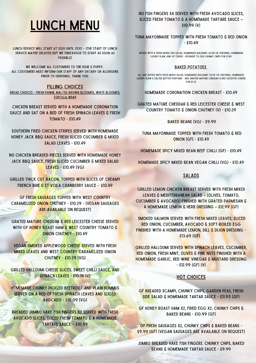 The Rose and Poppy menu board