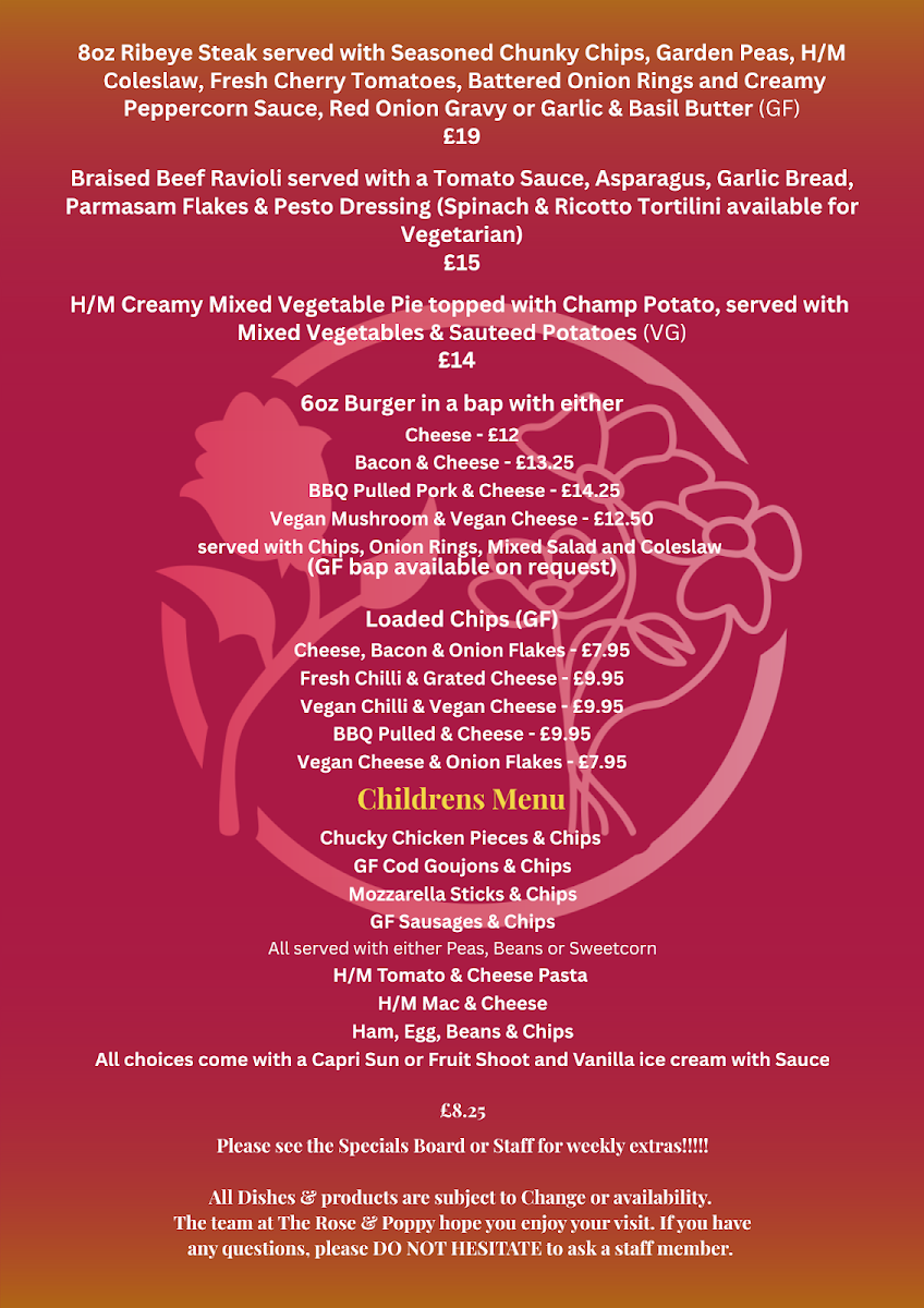 The Rose and Poppy menu board