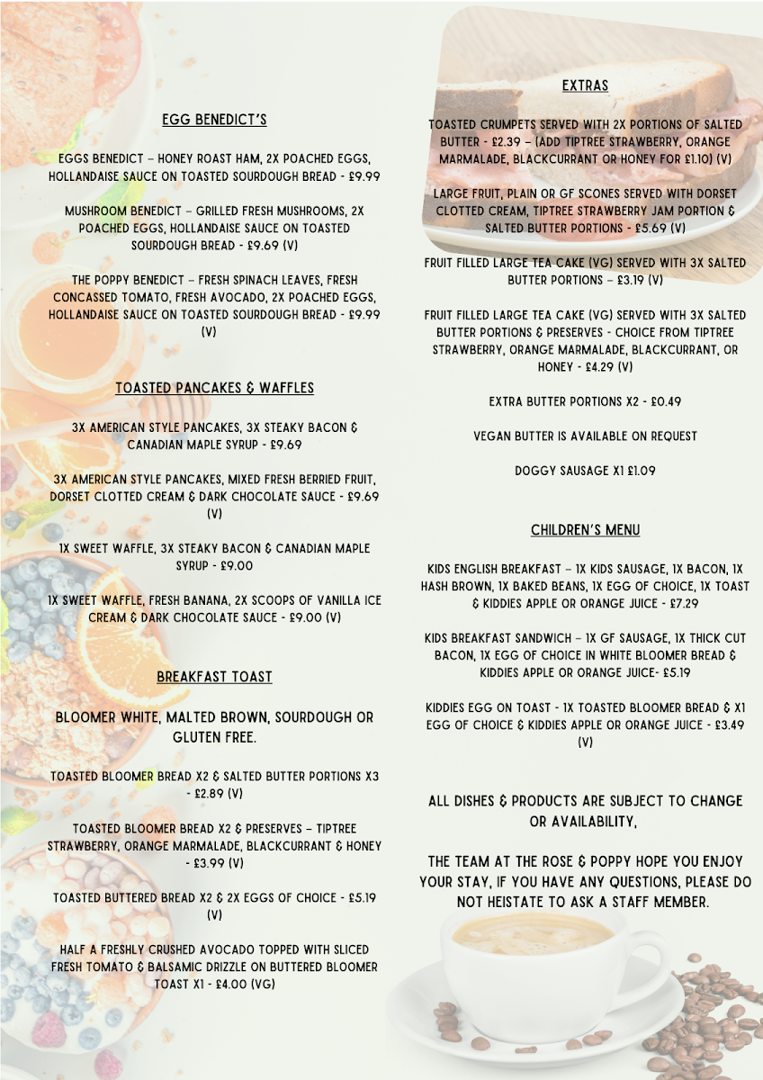 The Rose and Poppy menu board