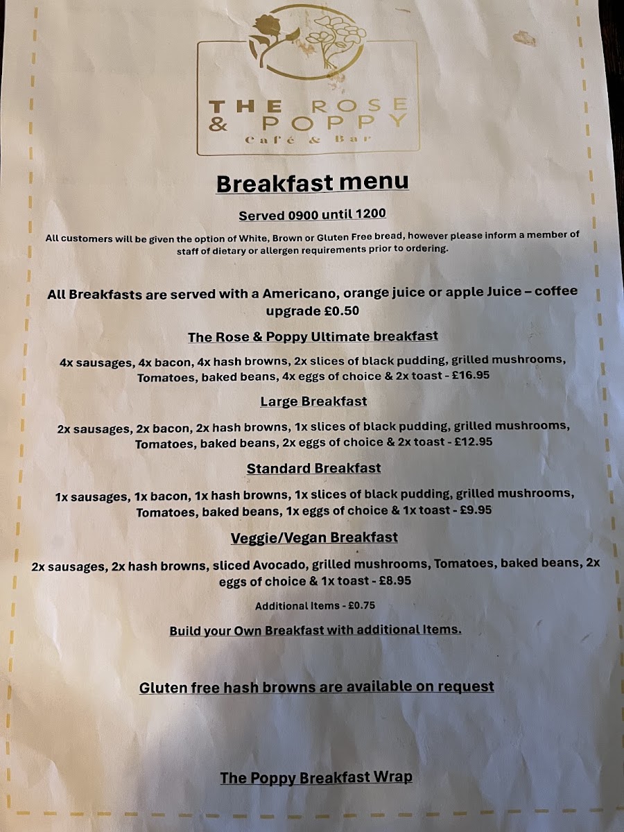 The Rose and Poppy menu board