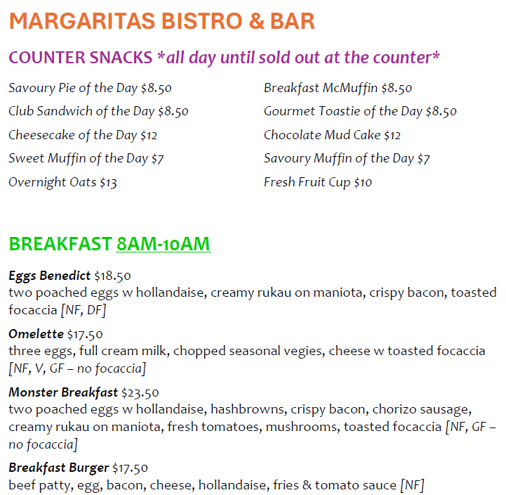Margaritas Bistro & Bar menu board