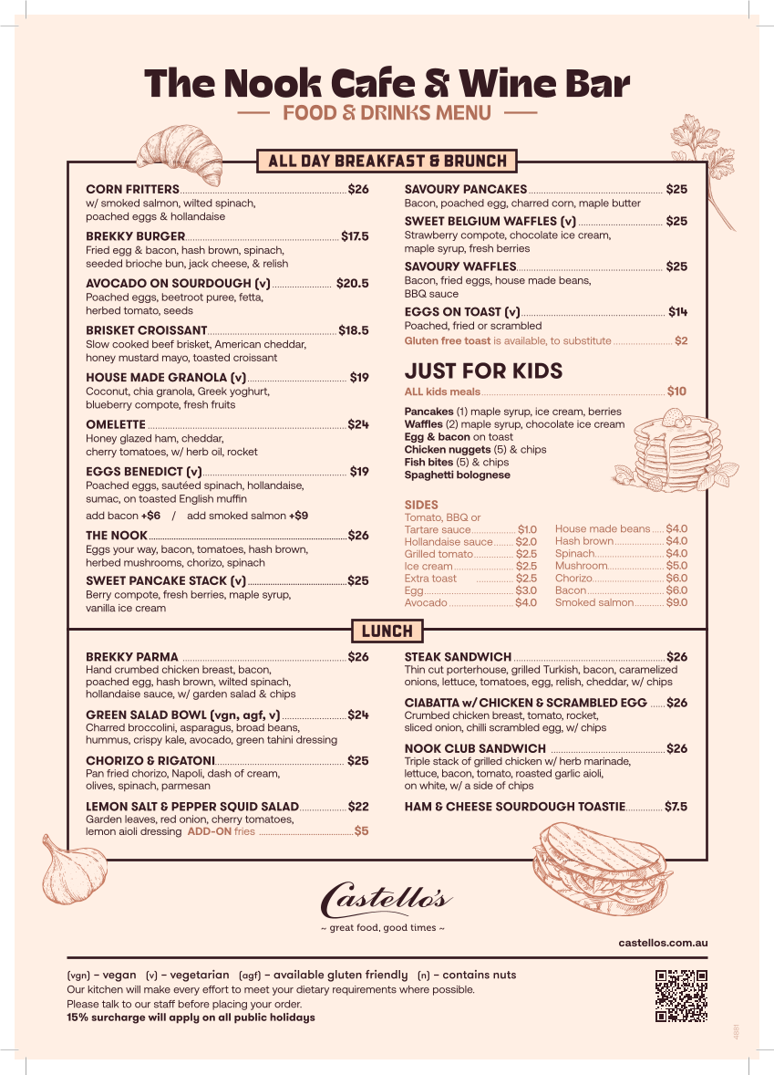 The Nook Cafe Sunbury menu board