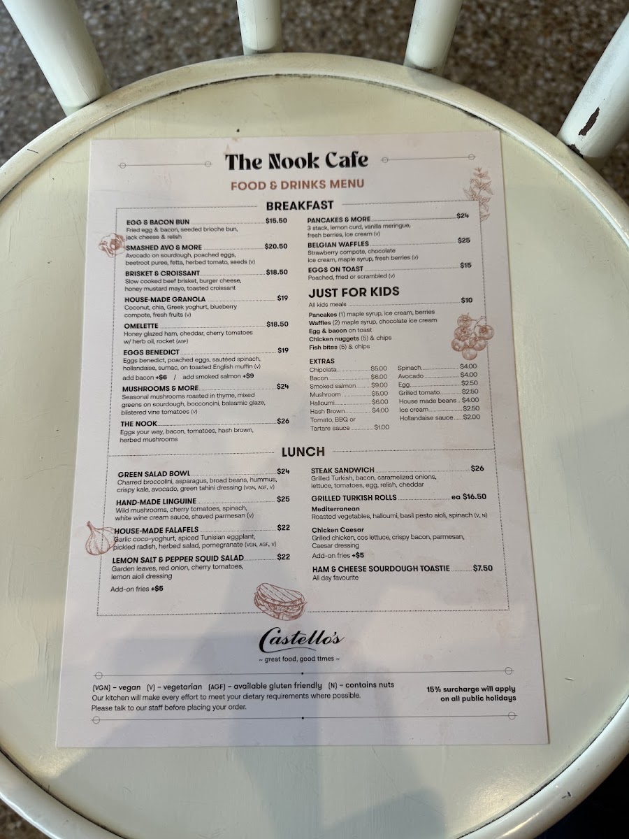 The Nook Cafe Sunbury menu board