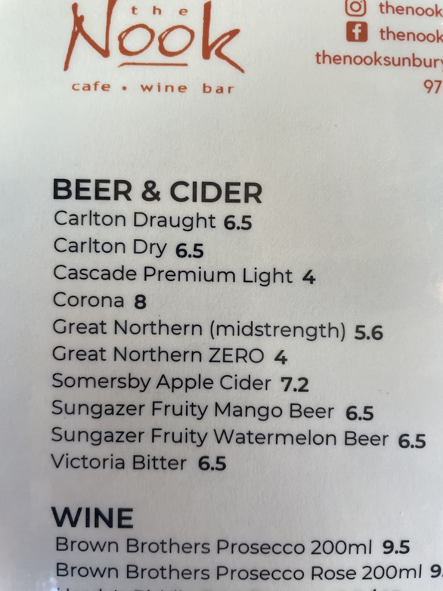 The Nook Cafe Sunbury menu board