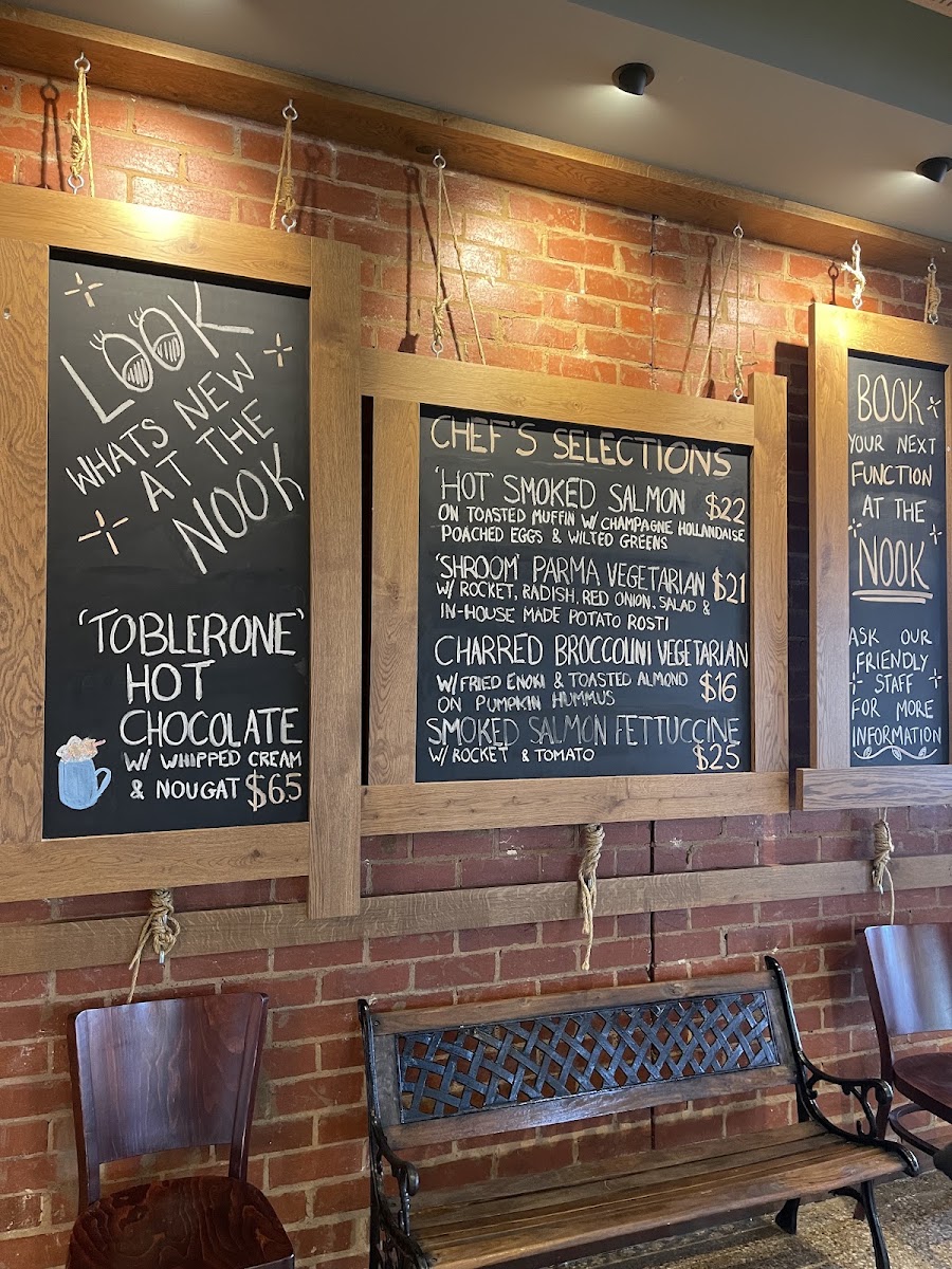 The Nook Cafe Sunbury menu board