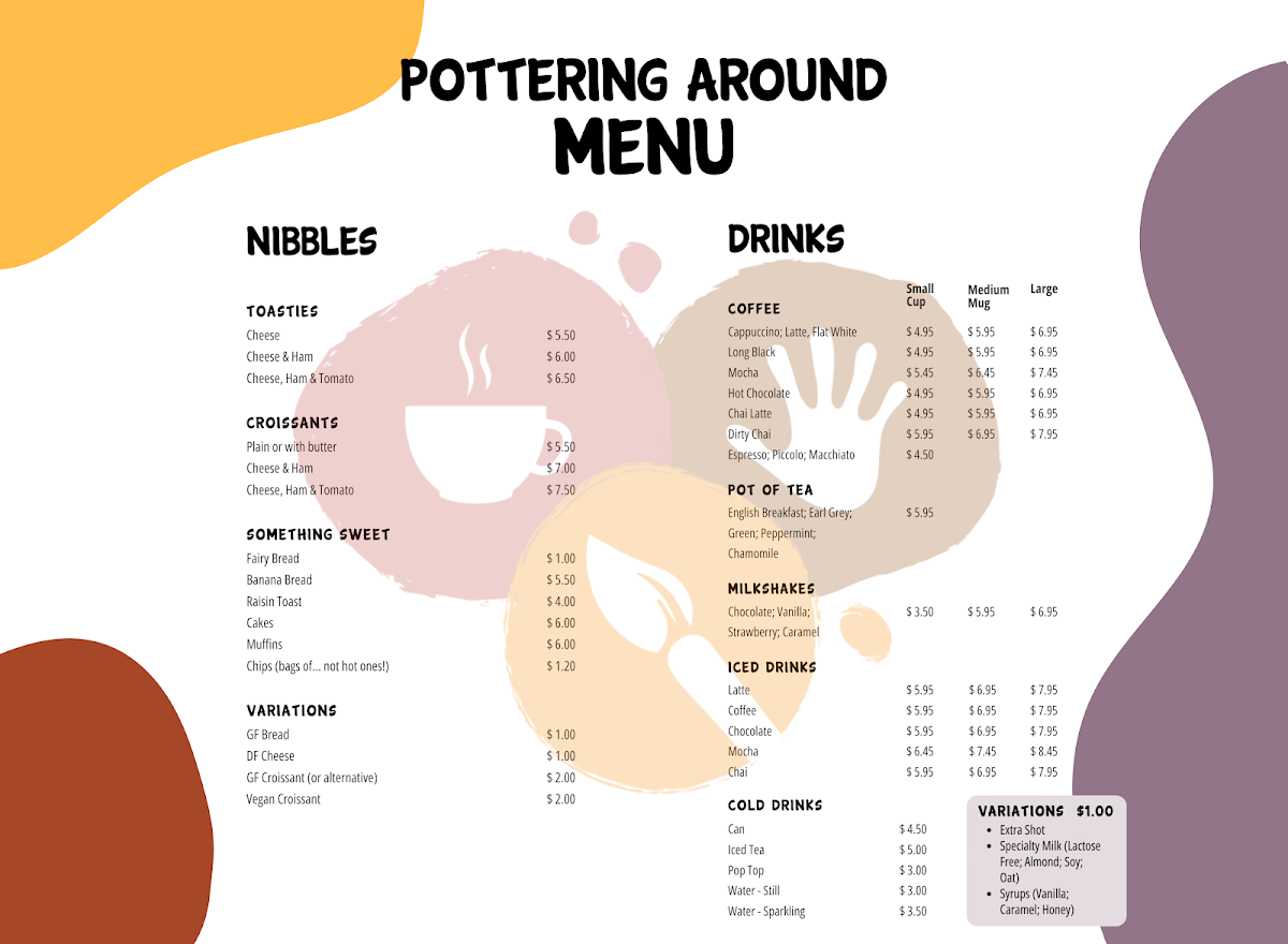Pottering Around Pottery Studio & Cafe menu board