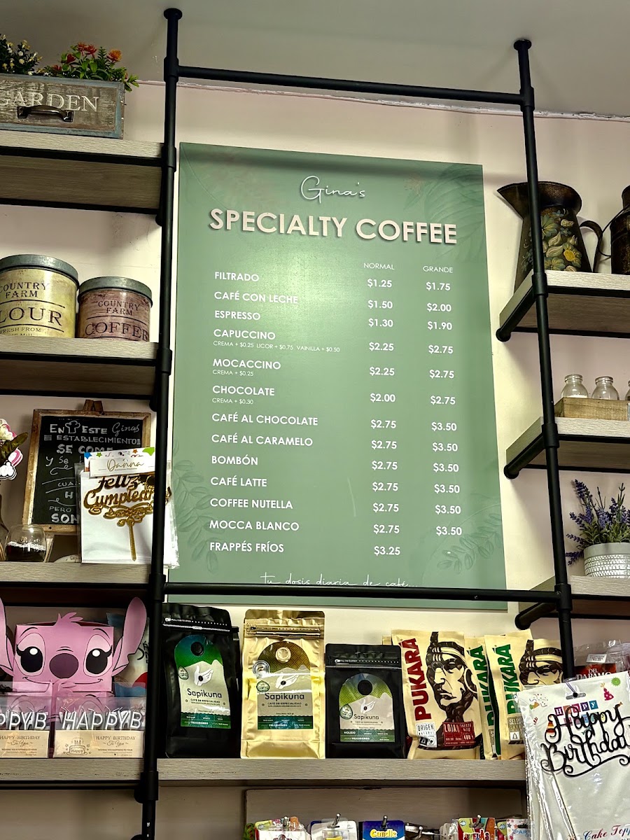 Gina's Café De La Casa menu board