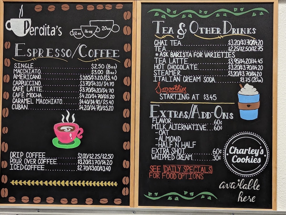 Perdita's Coffee menu board