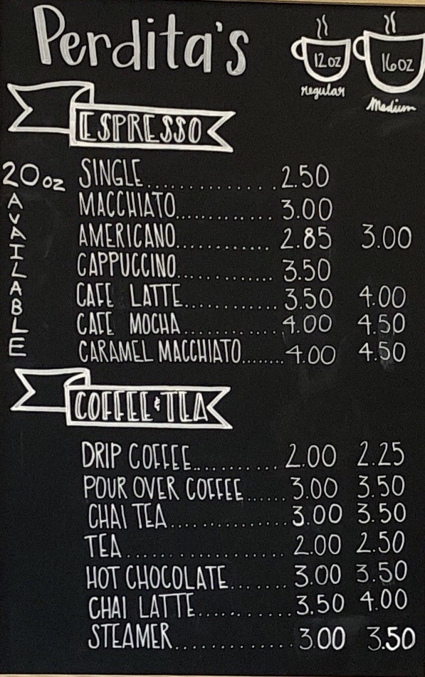 Perdita's Coffee menu board