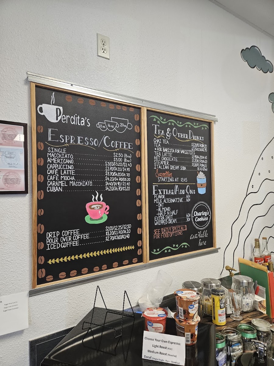 Perdita's Coffee menu board
