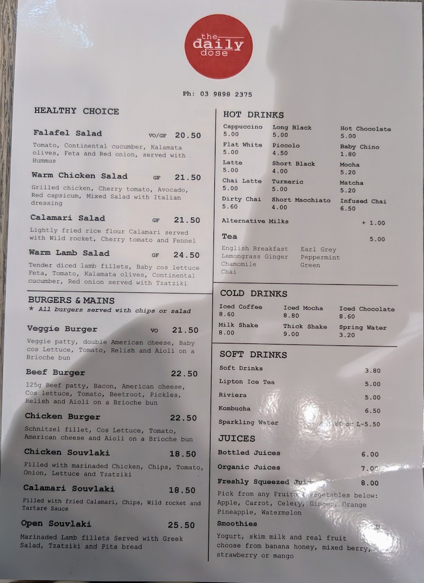 The Daily Dose Cafe menu board