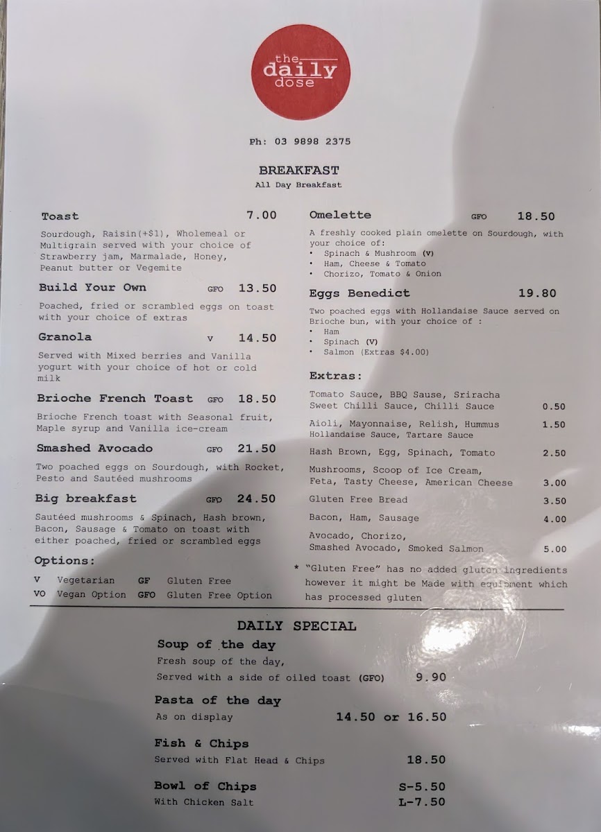 The Daily Dose Cafe menu board