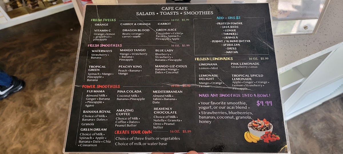 Cafe Cafe at The Waterways Shops menu board