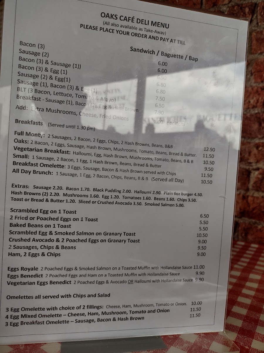 Oaks Cafe Deli menu board