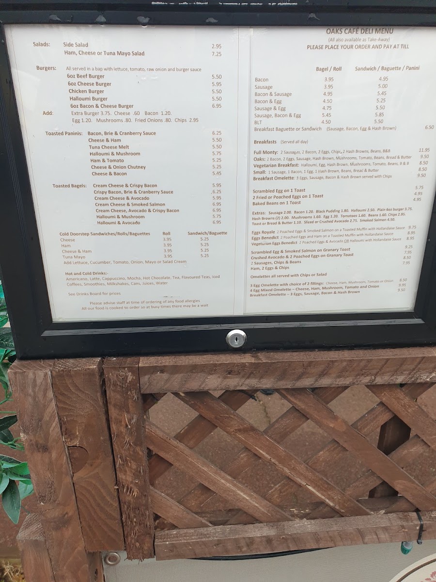 Oaks Cafe Deli menu board