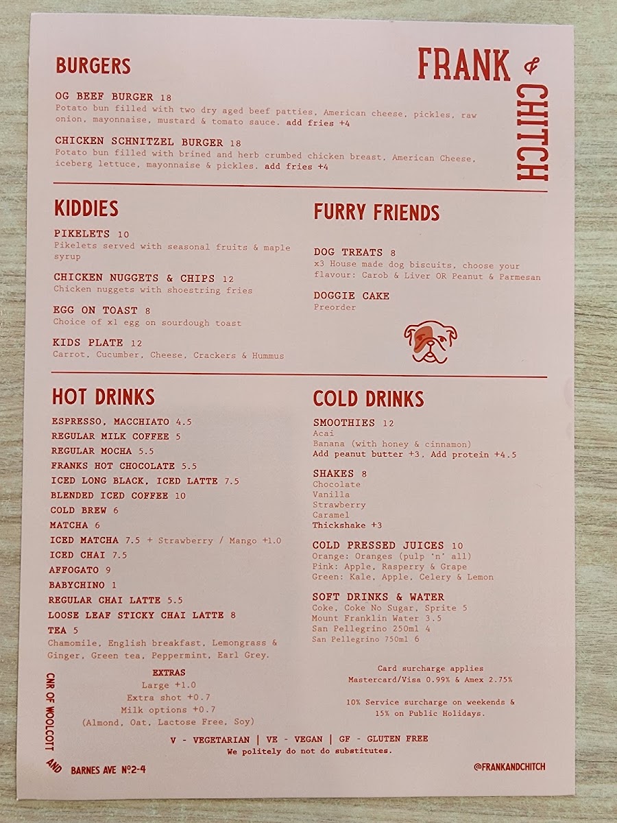 Frank & Chitch menu board