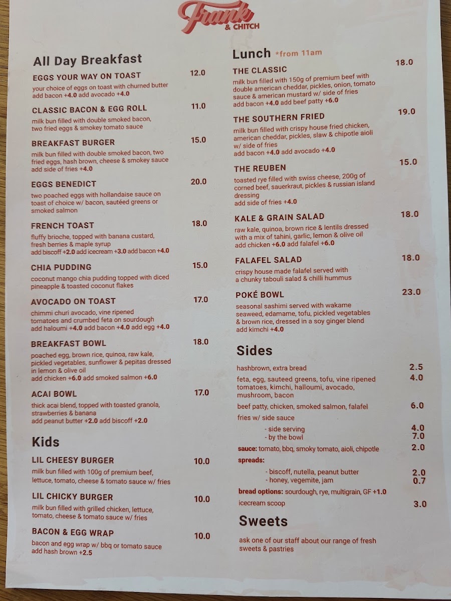 Frank & Chitch menu board