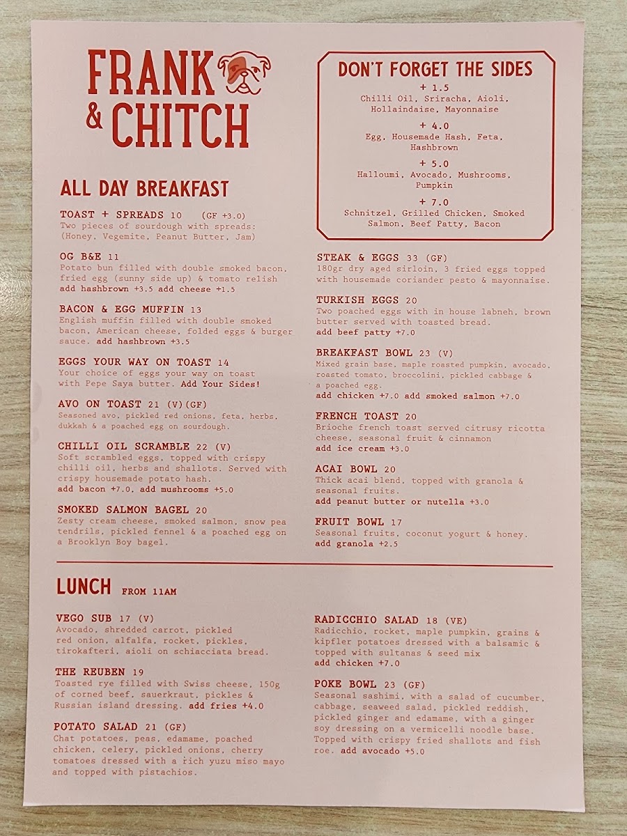Frank & Chitch menu board
